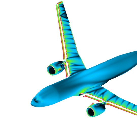 Figure 4: Skin-friction lines on the Common Research Model. The geometry includes the wing, empennage, fuselage, slats, flaps and their brackets, as well as the engine nacelle. This post-processing helps identify where the flow remains attached over the wing, and highlights the separation regions.
