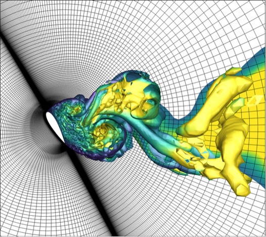 Figure 5: Turbulent structures and vortices created behind a 3D NACA0025 wing
at 60° angle of attack.