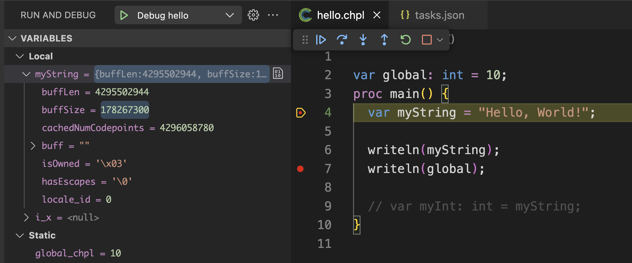 A screenshot of debugging Chapel from within VS Code