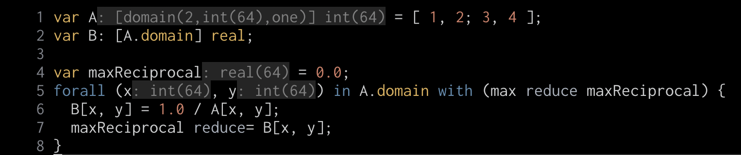 Dyno displaying inferred type information for n-dimensional arrays, reduce=, and tuples.