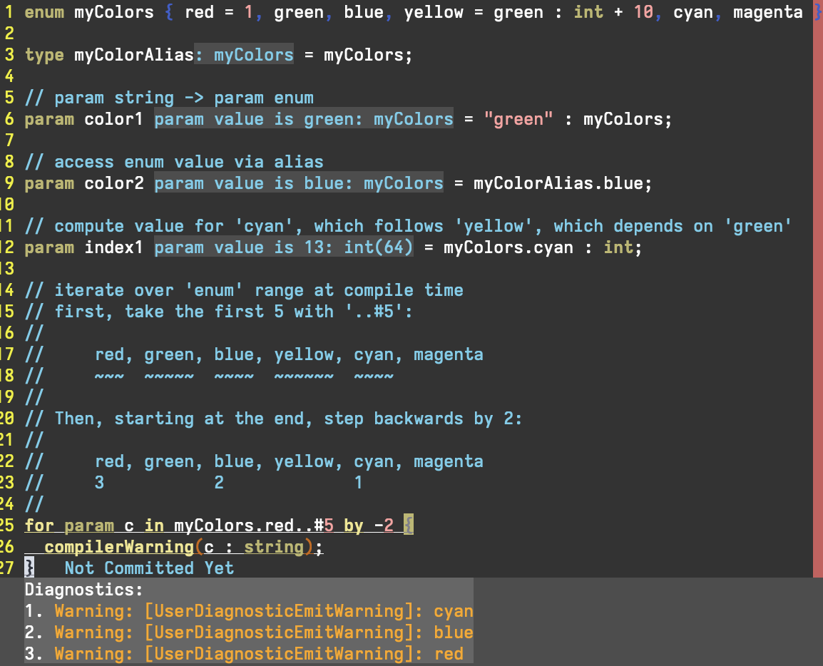 Dyno displaying inferred type information for `enum` casts, access, and iteration