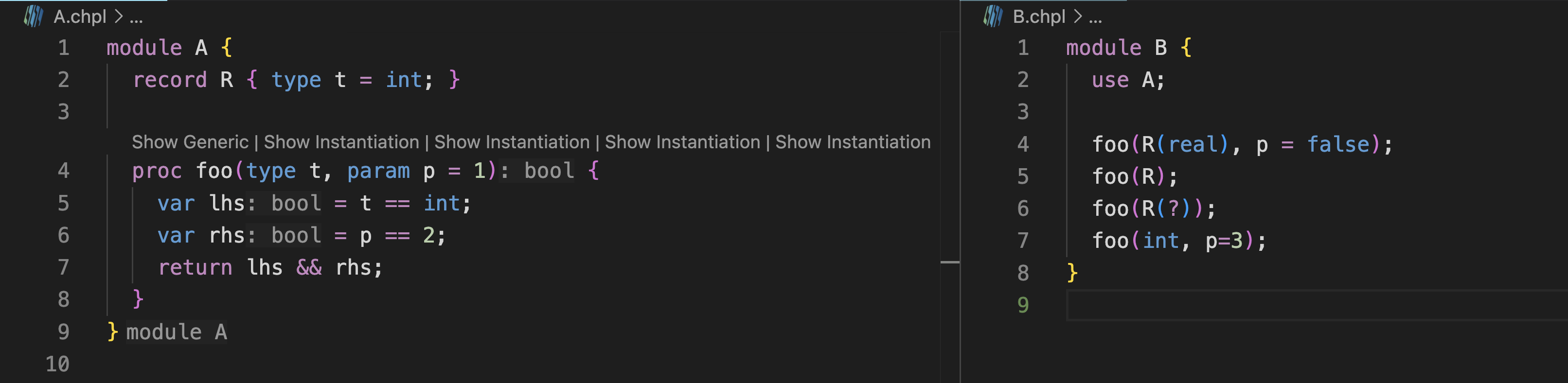 Instantiations (on the left) shown from calls in a different module (on the right)