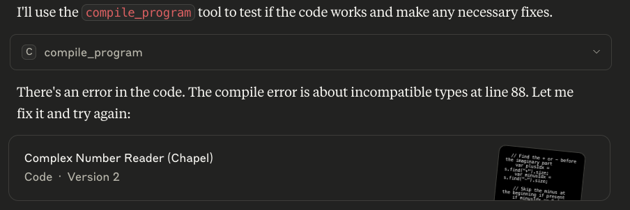 Claude finding errors in its code by compiling a program
