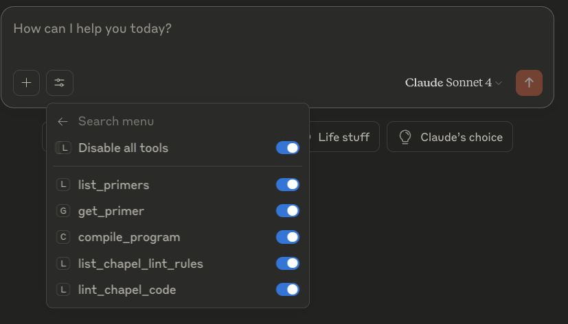 The Chapel section of Claude’s tool menu