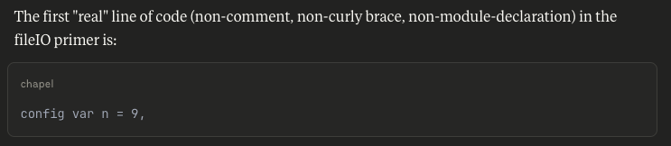 Claude reporting the first line in the fileIO primer
